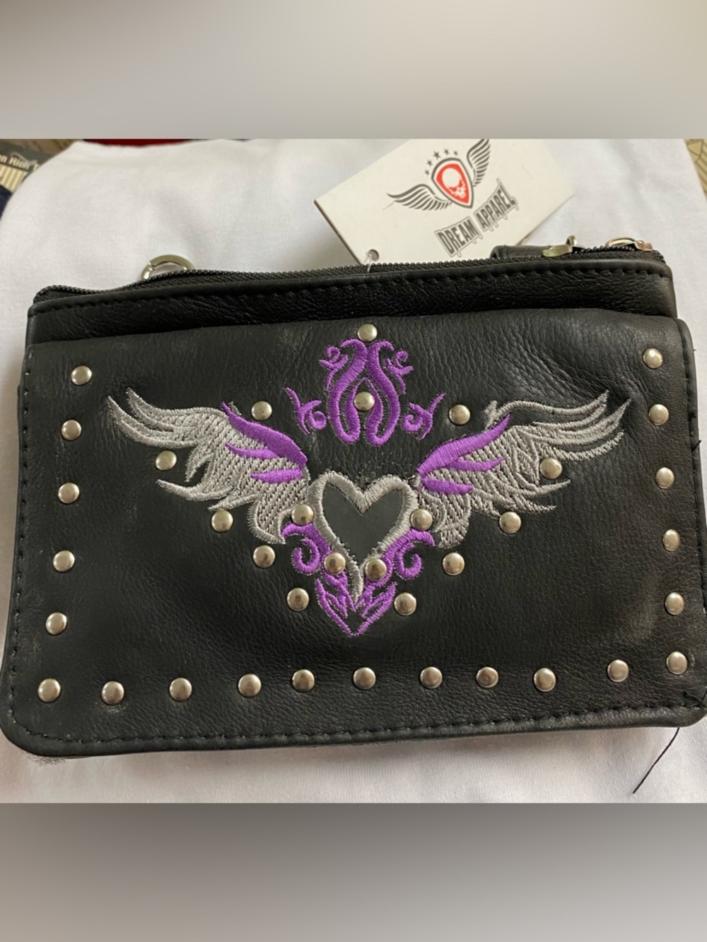 Ladies handbag with Purple & Silver Embroidered Heart Wings soft leather